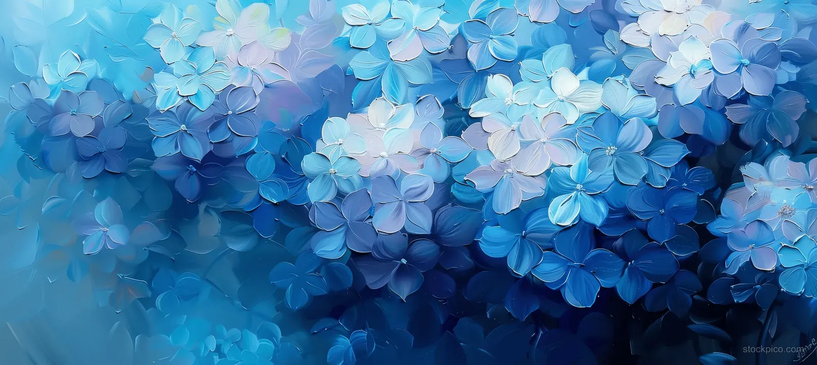 Blue hydrangea blossoms in an impressionist oil painting with soft pastel shading and visible textured strokes.