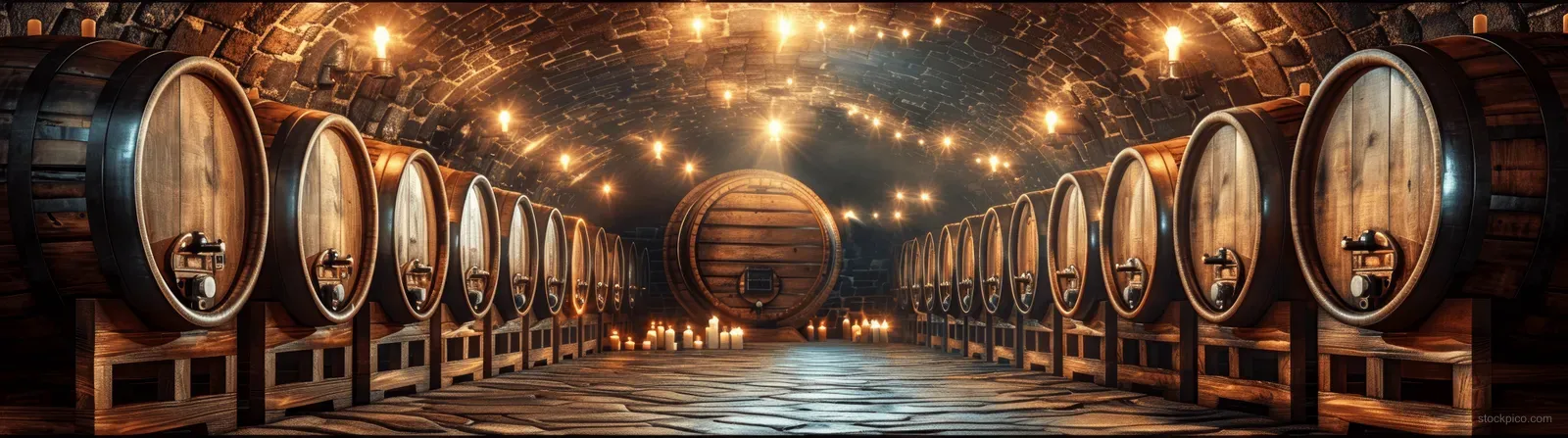 A dimly lit underground tunnel cellar showcases barrels and warm lights, inviting exploration of unique beer flavors.