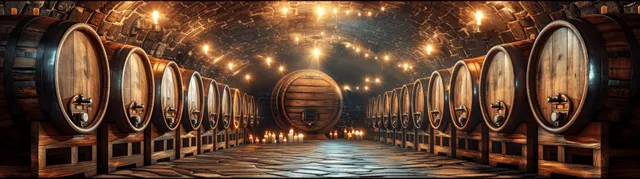 A dimly lit underground tunnel cellar showcases barrels and warm lights, inviting exploration of unique beer flavors.