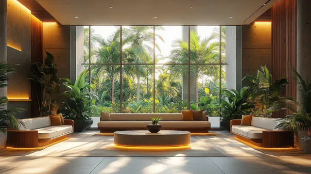 Sunlit lounge with three sofas facing a round coffee table and large windows showing dense tropical greenery.