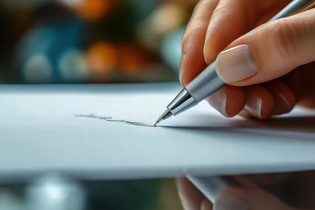 A hand writes a signature on white paper with a silver fountain pen in a close-up view.