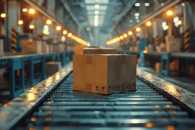 Cardboard shipping boxes ride a conveyor belt in a warehouse with warm blurred lights behind them.