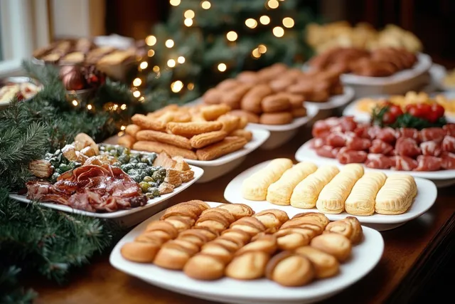 Assorted holiday appetizers sit on white plates beside pine greenery with warm bokeh lights in the background.