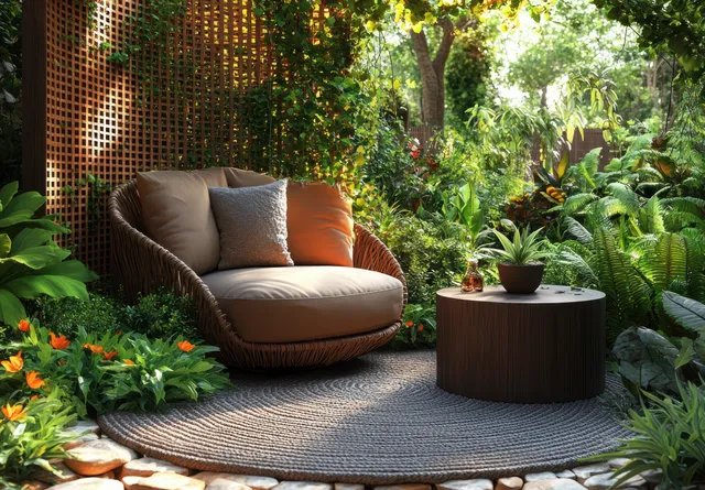A modern outdoor armchair and round table on a patio surrounded by lush greenery under warm sunlight.