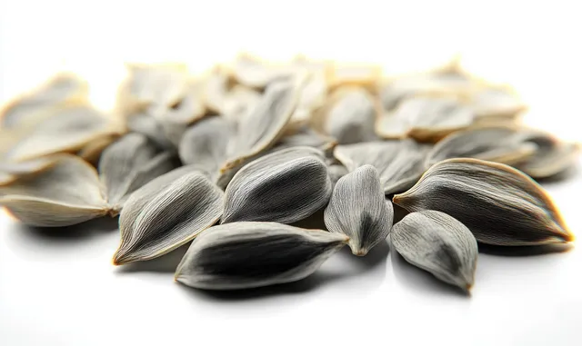 Pile of dried sunflower seeds with striped shells arranged on a white background.