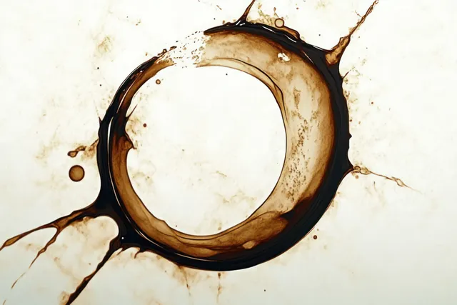 Dark brown liquid splash forms rough circular ring with droplets on beige backdrop