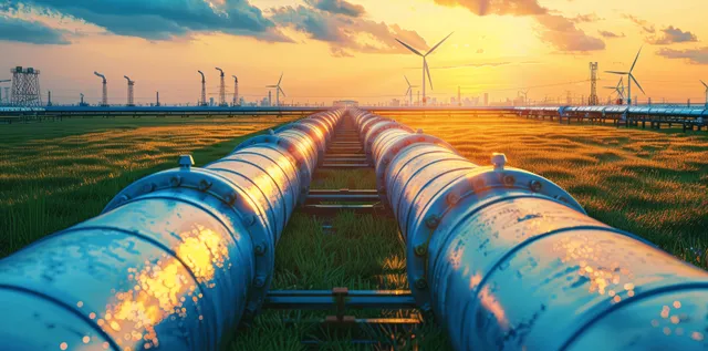 Blue hydrogen pipeline lies on green grass field with wind turbines and sunset clouds in the background.
