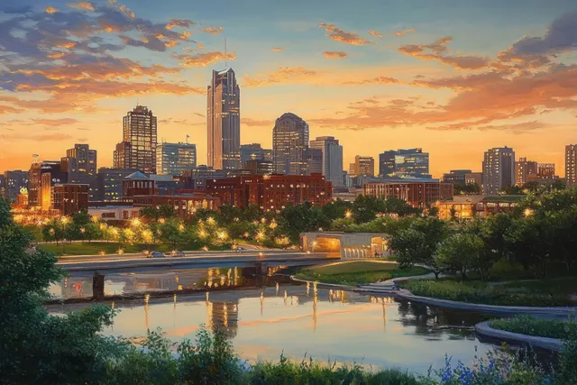 Golden hour Omaha skyline over the river, warm sunset light on downtown high-rises