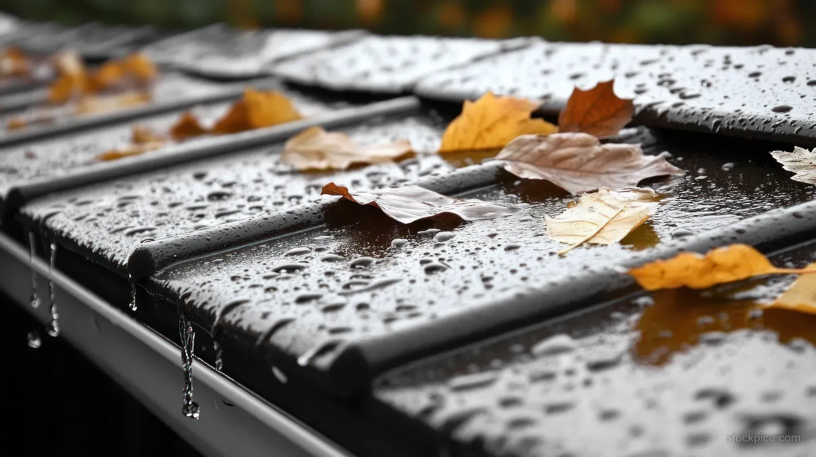 Rainwater droplets cling to a dark metal roof edge with autumn leaves scattered on top and water dripping down.