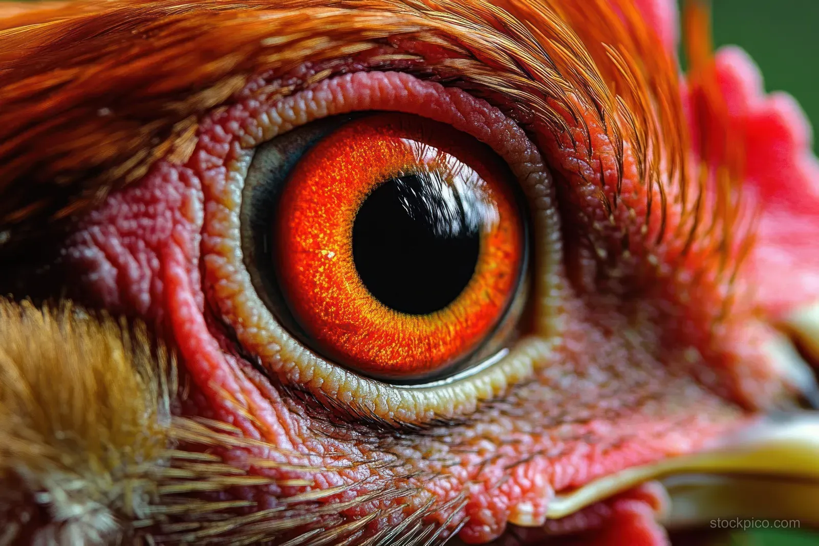 Macro close-up of a chicken’s orange eye with dramatic lighting and surrounding feather texture.