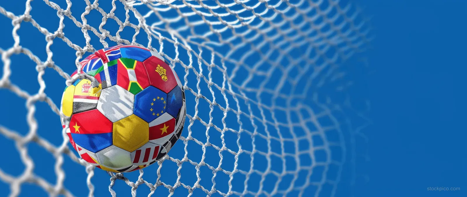 European flag patterned soccer ball positioned behind a goal net with a blue stadium background.