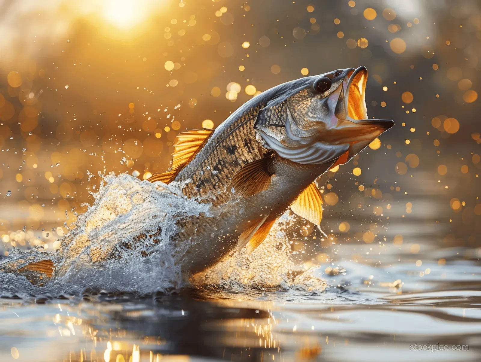 A largemouth bass leaps from lake water at golden hour, splashing as sunlight sparkles across the ripples.