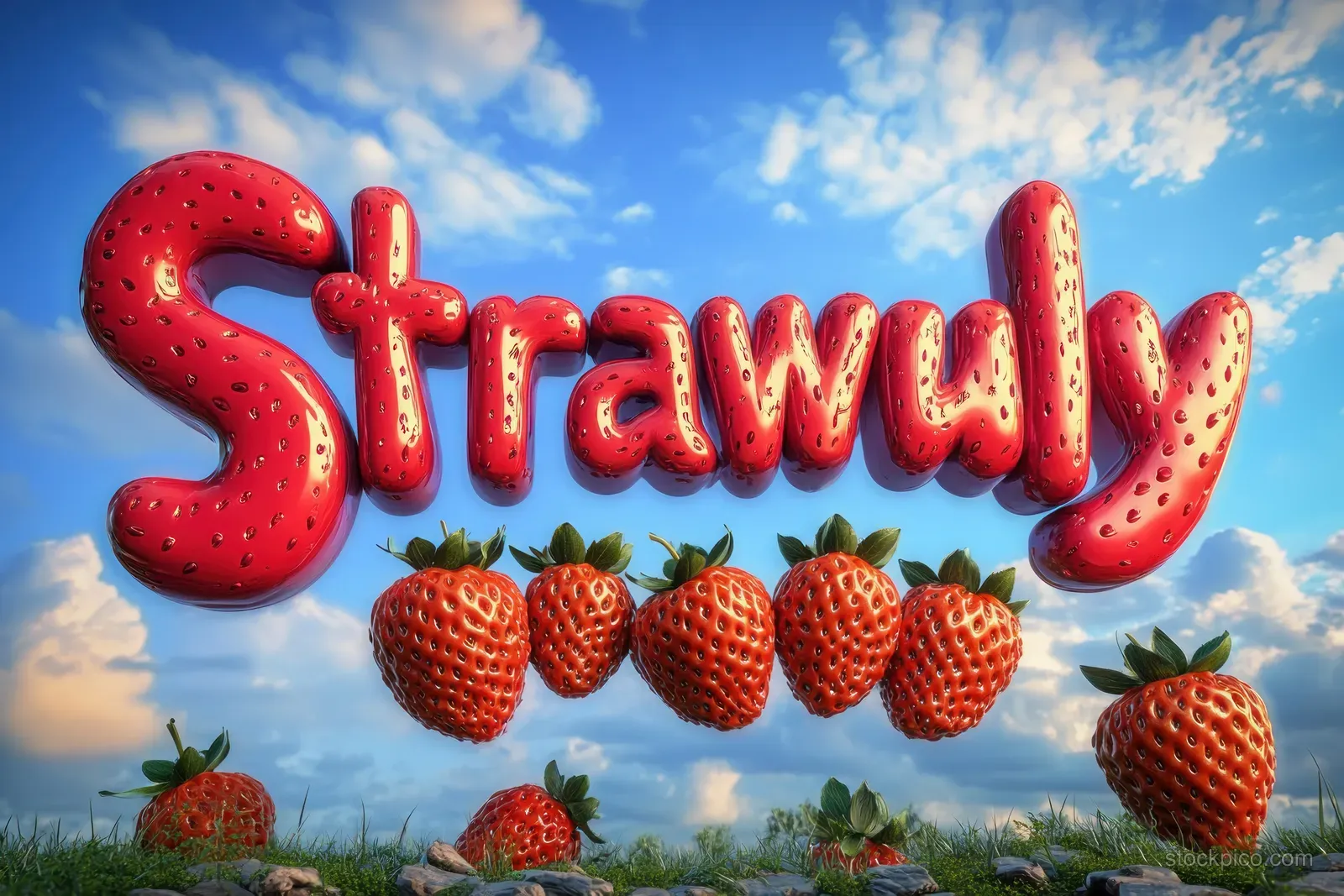 Shiny red 3D letters reading "Strawuly" float above fresh strawberries on grass beneath a blue sky.
