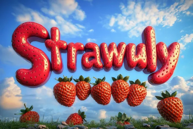 Shiny red 3D letters reading "Strawuly" float above fresh strawberries on grass beneath a blue sky.