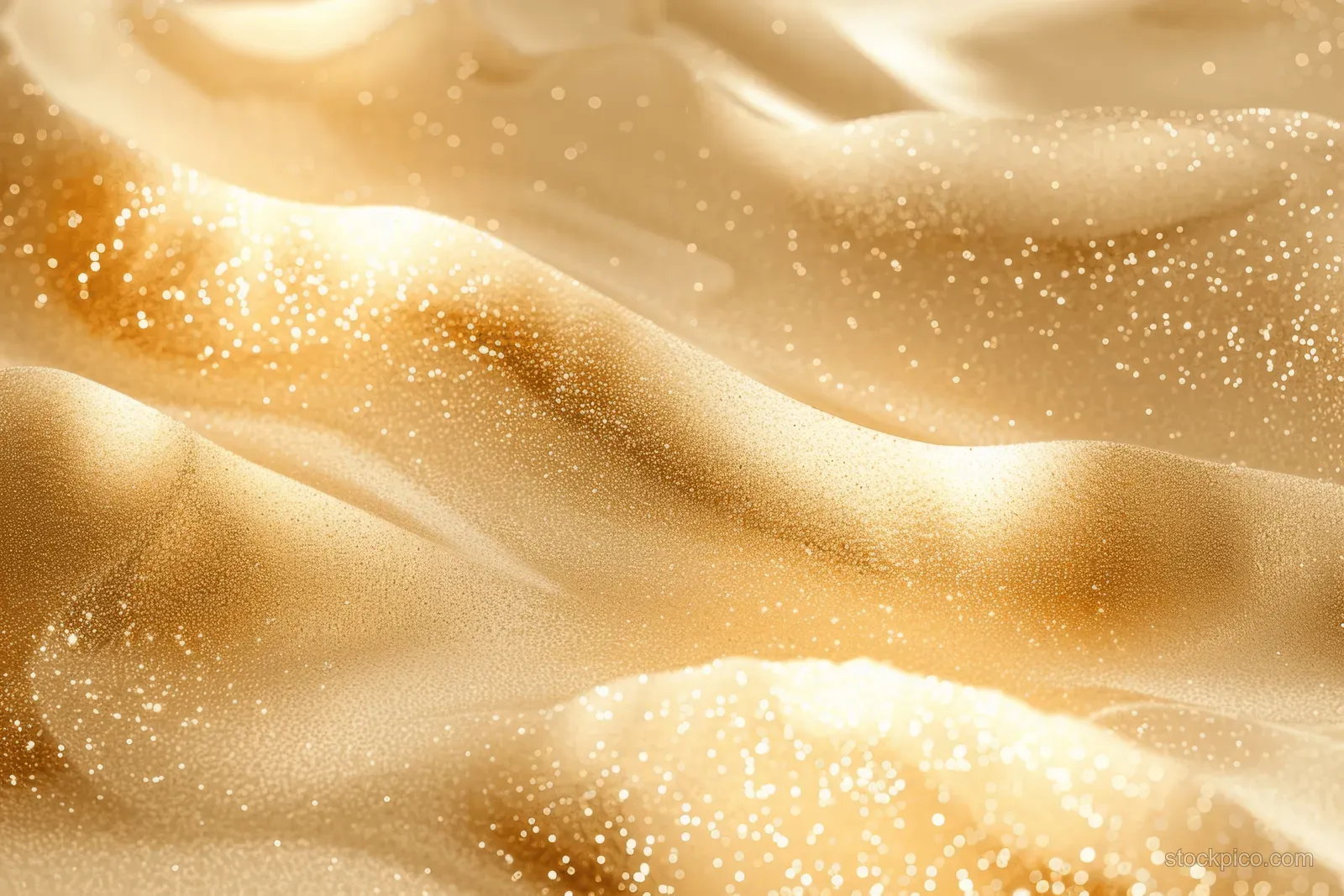 Abstract gold wave background with glitter specks and soft luminous gradients.
