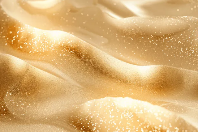 Abstract gold wave background with glitter specks and soft luminous gradients.