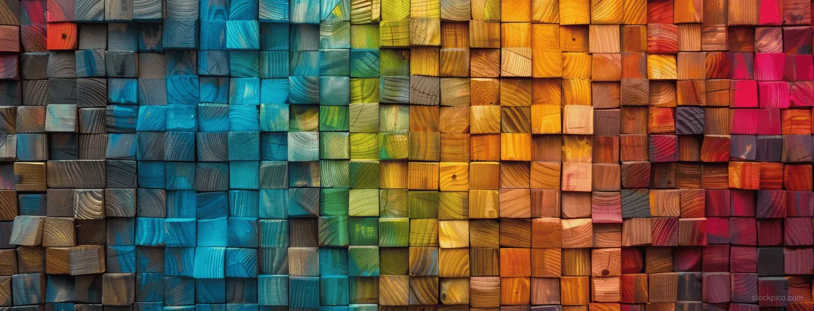Close-up of rainbow-colored wooden blocks arranged in a grid, forming a vivid gradient texture background.