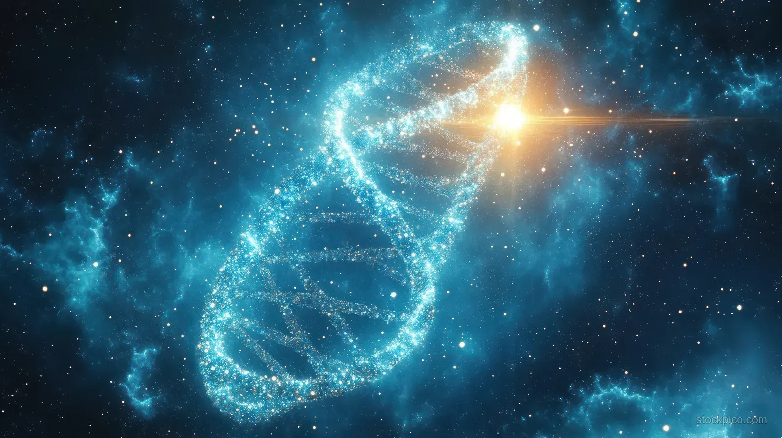 A glowing blue DNA double helix of sparkling particles floats in a starry nebula sky.