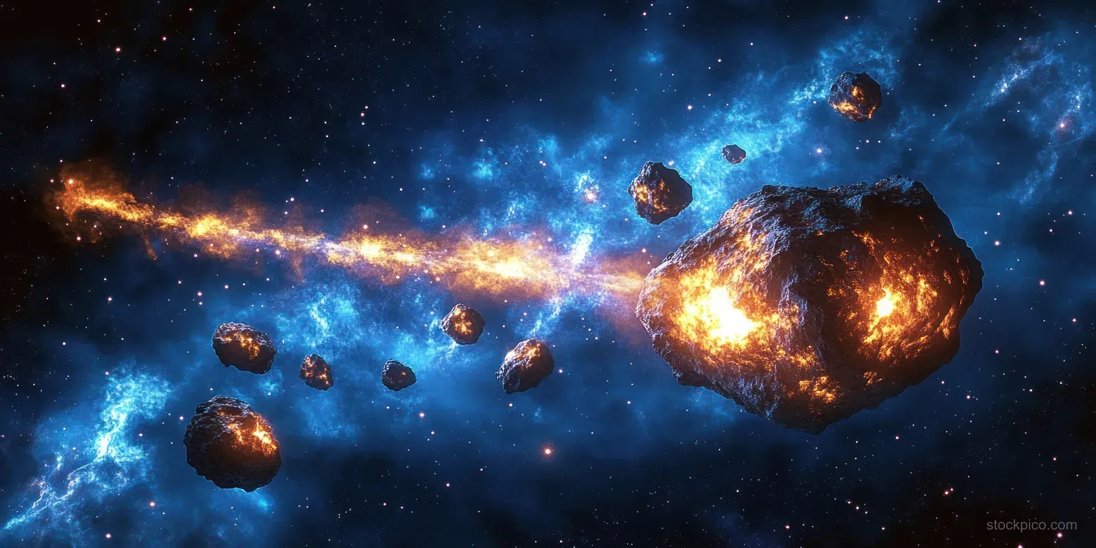 Meteor fragments explode and glow with fiery trails across deep blue space dotted with stars.