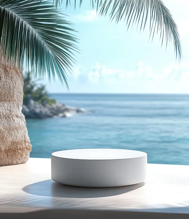 White cylindrical pedestal on a light wooden platform with palm fronds and a calm blue ocean under a bright sky.
