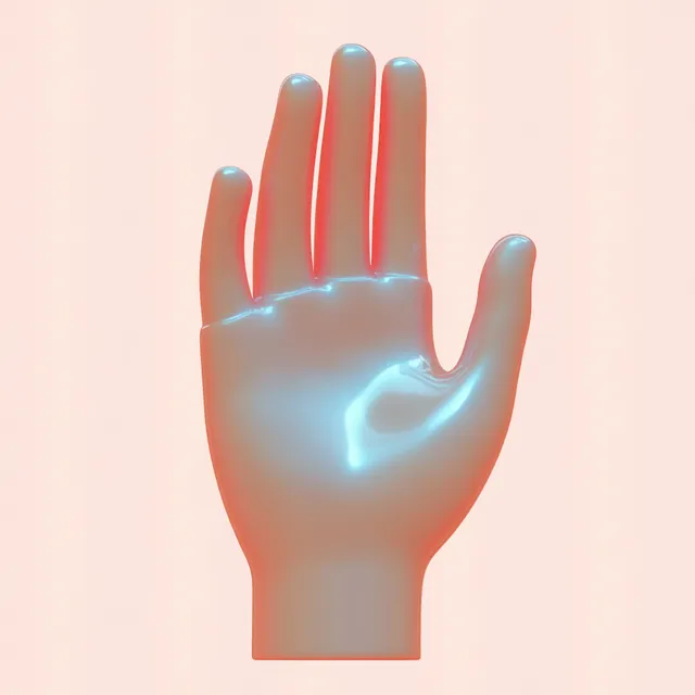 A glossy raised hand model glows blue under pink rim lighting on a pale gradient background.