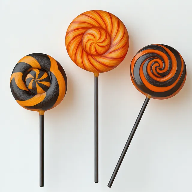 Three round lollipops with orange and black spiral patterns on sticks arranged on a white background.