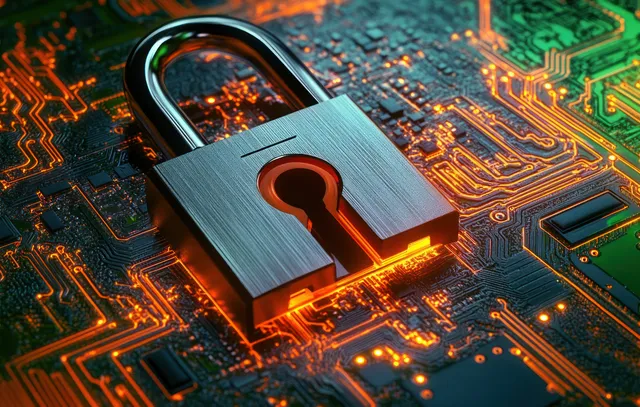 Metal padlock glowing on a circuit board with orange traces