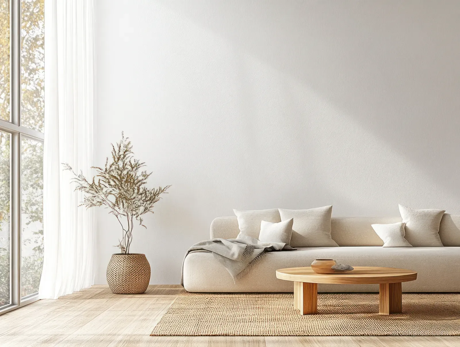 Sunlit minimalist living room featuring a light sofa, wooden coffee table, and dried pampas grass in a textured basket vase.