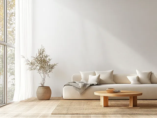 Sunlit minimalist living room featuring a light sofa, wooden coffee table, and dried pampas grass in a textured basket vase.
