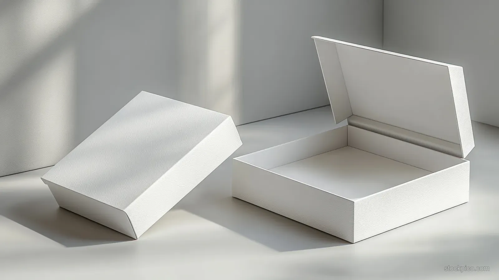 Open white gift box mockup with hinged flaps displayed on a minimalist tabletop with soft shadows.
