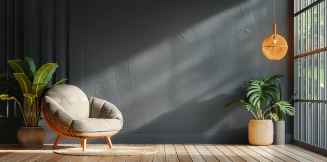 Leather armchair sits on a warm wood floor facing a dark gray wall with potted plants and a window.