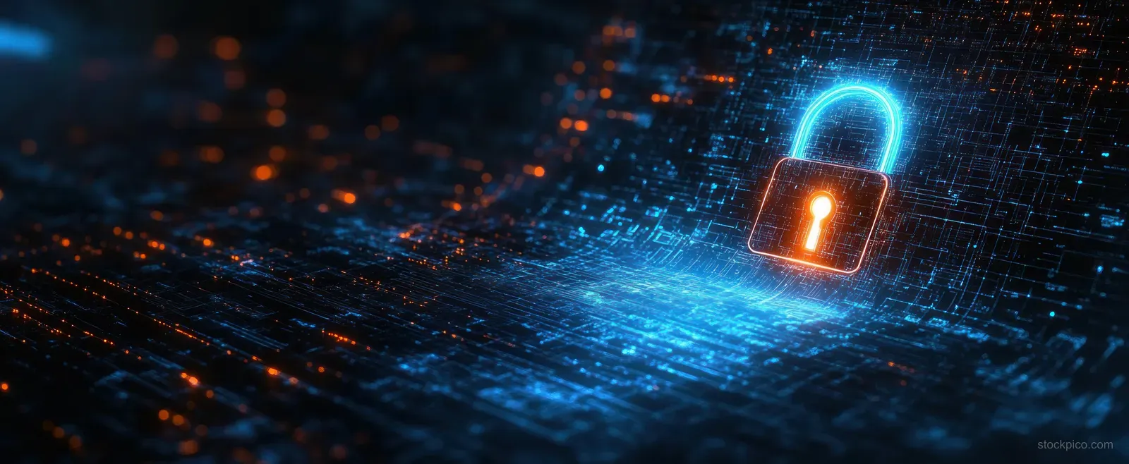 Neon blue and orange digital lock glows above a cyber data grid with floating network points.