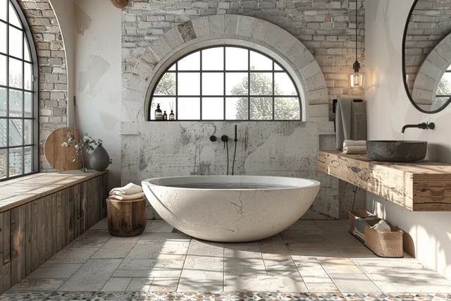 Rustic bathroom interior with a stone bathtub under an arched window, wooden vanities, and warm light on textured walls.