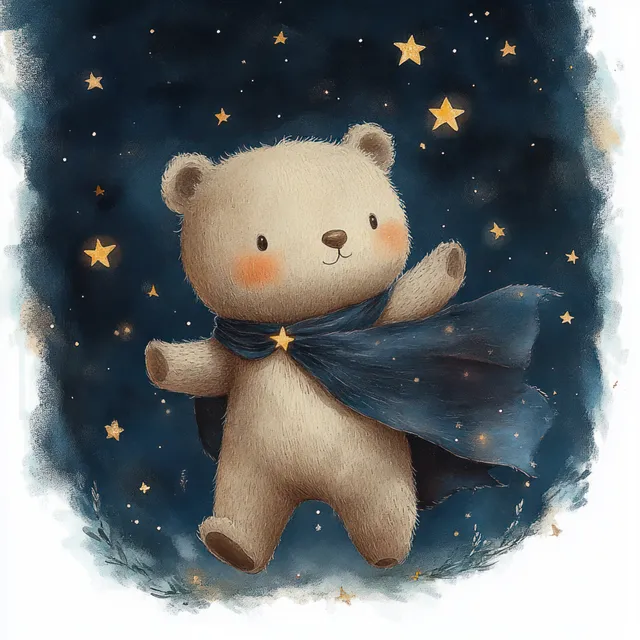 A cute bear cub in a blue superhero cape flies in a starry watercolor night with glowing golden stars.