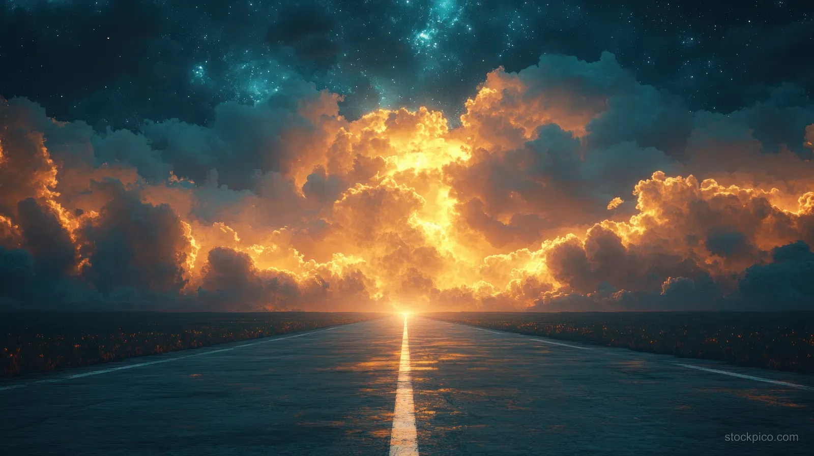 Empty airplane runway under dramatic storm clouds with a glowing centerline extending toward the horizon.