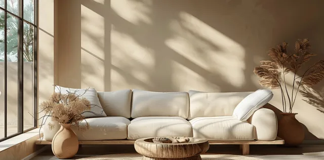 Beige sofa with white cushions sits in a Japandi living room as sunlight casts shadows from a window onto a concrete wall.