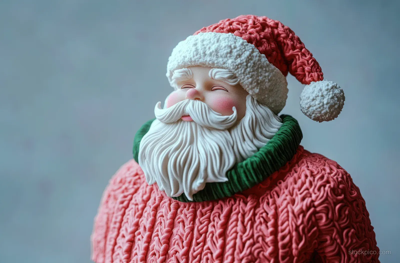 Smiling Santa Claus figurine with a textured red knit sweater and red hat with white trim and pompom on a softly blurred background.