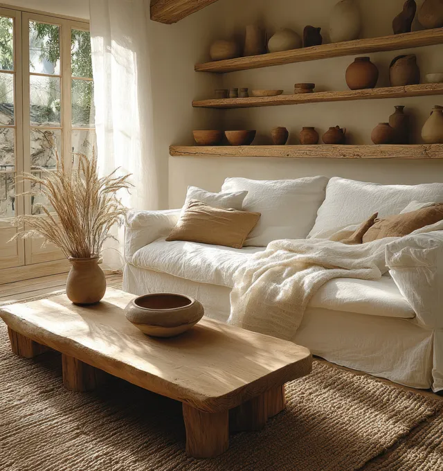 Sunlit minimalist living room showing a white sofa, wooden coffee table, woven rug, and pottery shelves.