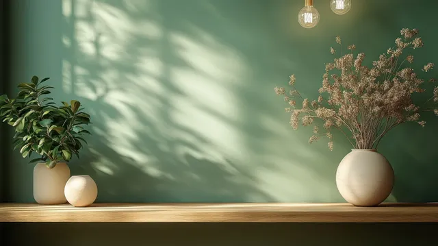 Sunlit green kitchen wall with a wooden ledge holding potted plants in ceramic vases.
