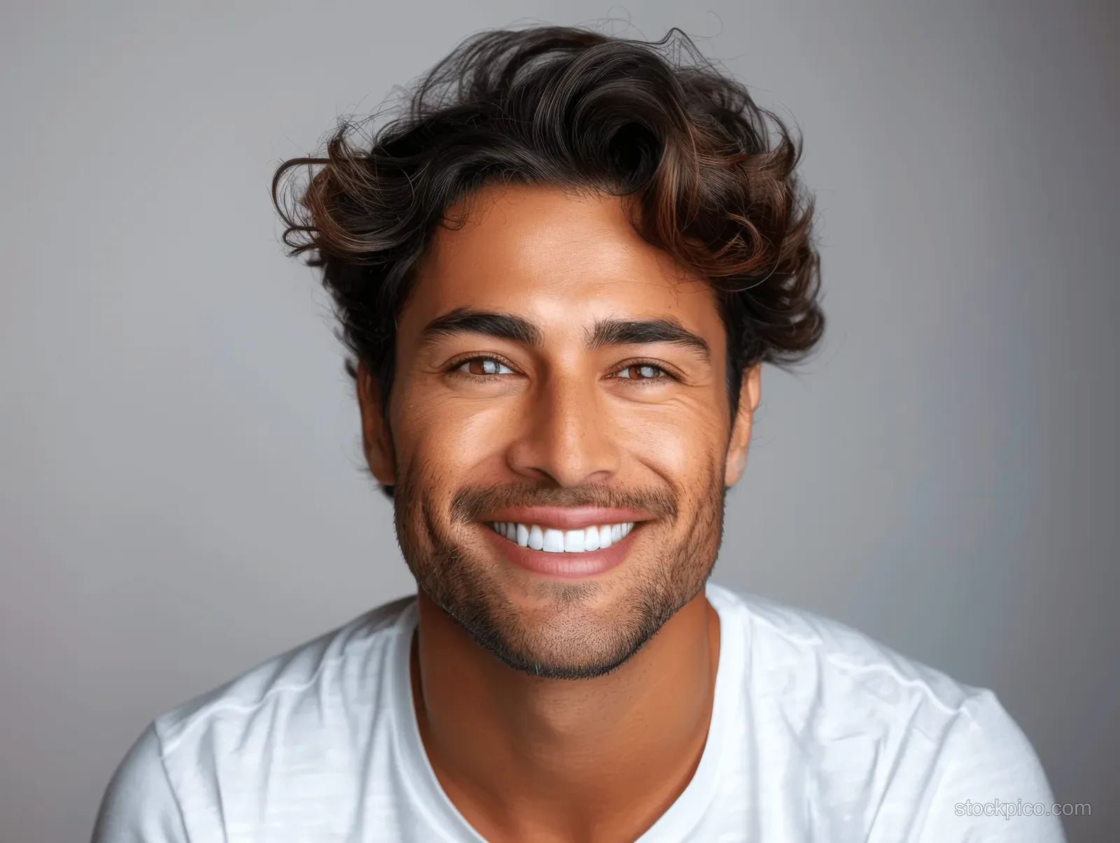 Smiling young man with curly hair and trimmed beard facing the camera, bright teeth visible against a light background.