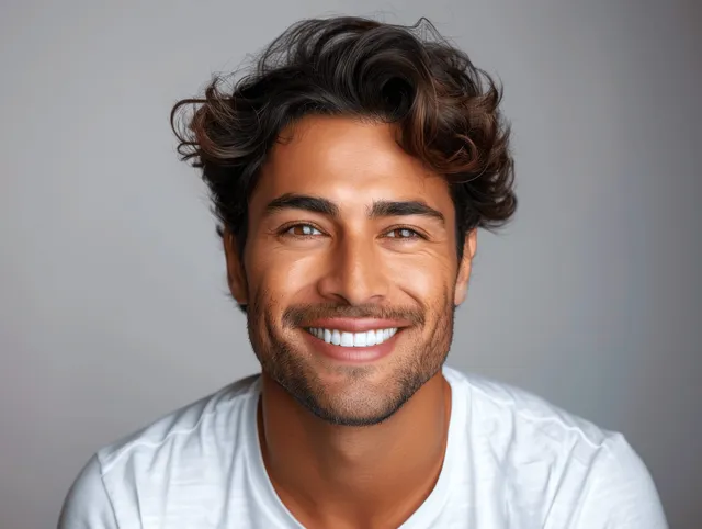 Smiling young man with curly hair and trimmed beard facing the camera, bright teeth visible against a light background.