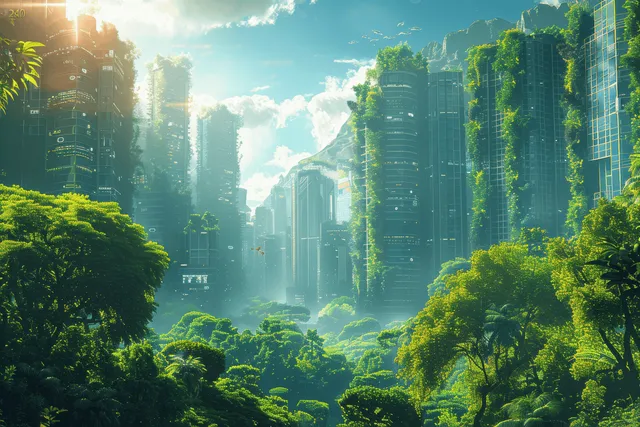 Sunlit futuristic skyscrapers covered with climbing vines rise above a dense green forest valley.