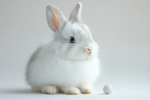 A fluffy white rabbit with gray markings sits on a bright white studio background with soft focus.
