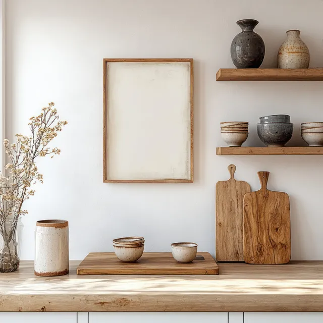 Minimal kitchen countertop with wooden cutting boards, ceramic bowls, dried flowers in a glass vase, and an empty wooden frame on a white wall.