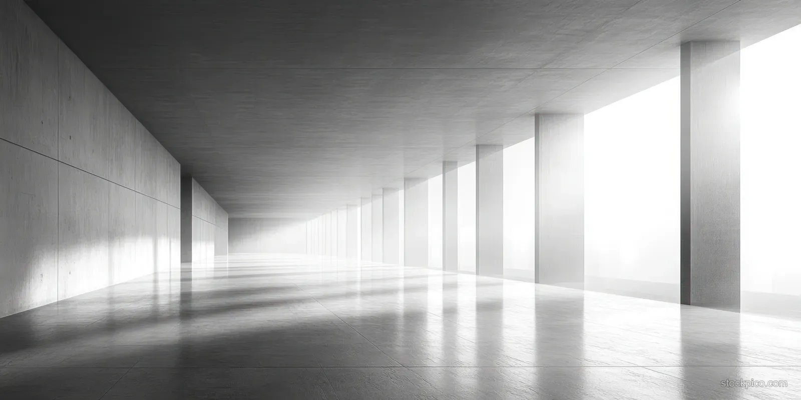 Empty concrete interior corridor with geometric wall planes and soft sunlight casting long shadows across the floor.
