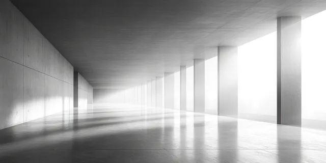 Empty concrete interior corridor with geometric wall planes and soft sunlight casting long shadows across the floor.