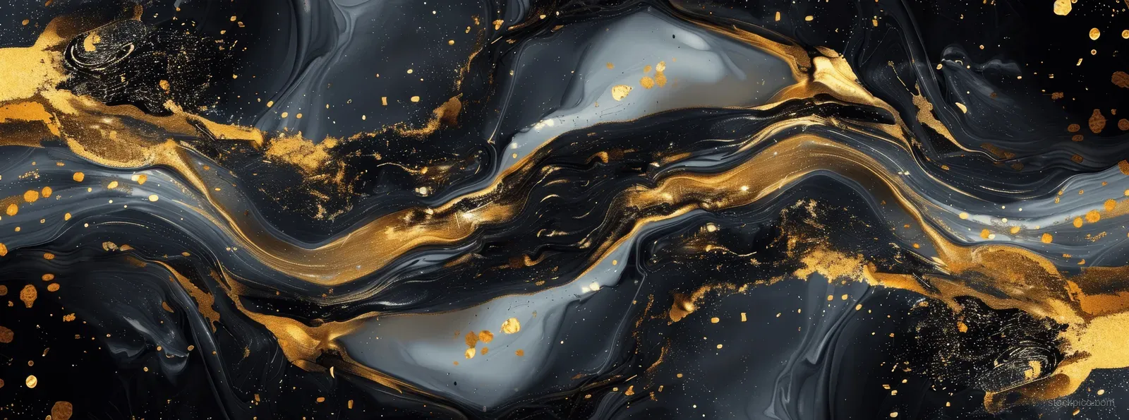 Black and gold marbled ink swirls across a dark background with golden glitter specks and flowing liquid lines.