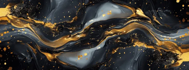 Black and gold marble ink swirl background with glitter specks and flowing liquid waves