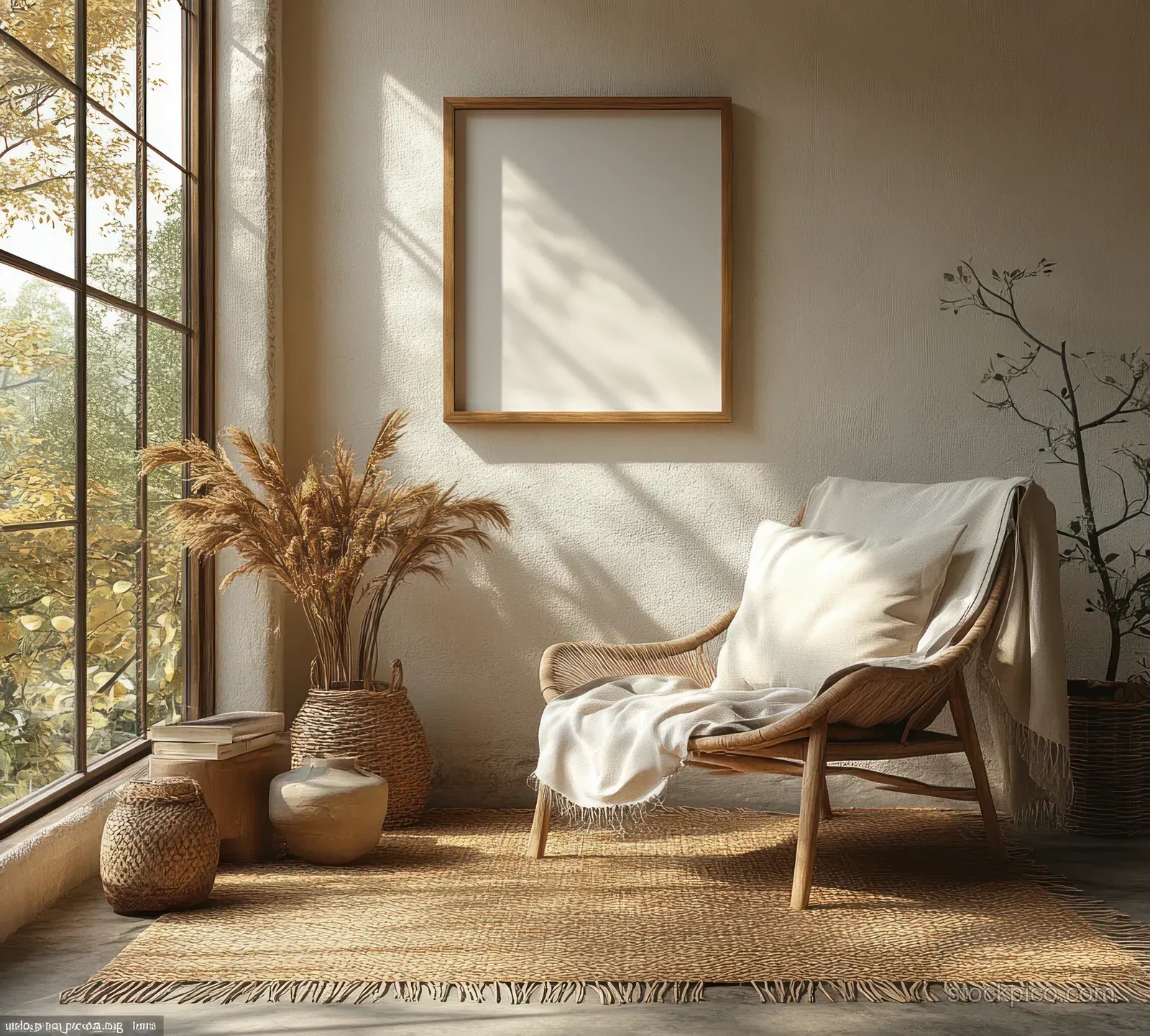 Blank wooden poster frame hangs above a cozy fabric chair in a sunlit Scandinavian living room with plants and woven textures.