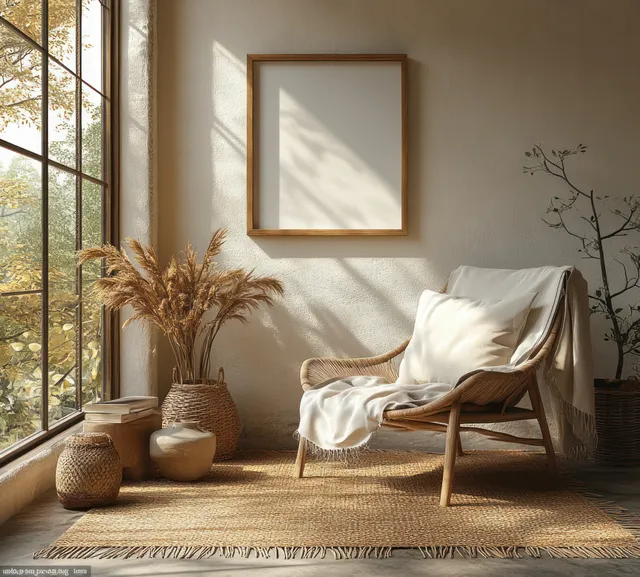 Blank wooden poster frame hangs above a cozy fabric chair in a sunlit Scandinavian living room with plants and woven textures.